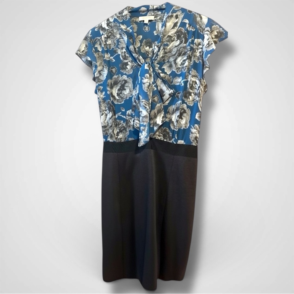 LOFT Tailored Blue Floral Bow Front Sheath Dress | Size 12